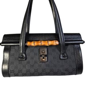 Vintage Gucci Bamboo Bullet Tote in Black Monogrammed Canvas with Black Hardware